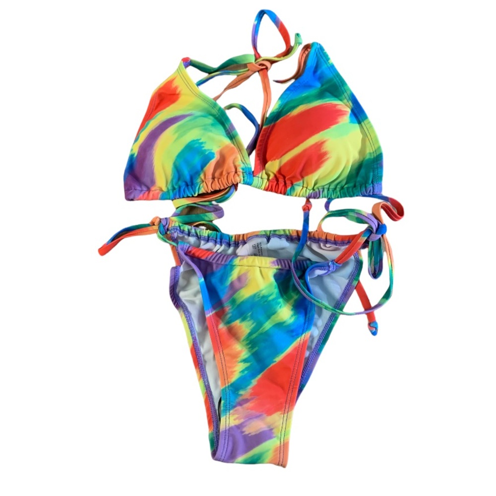Multicolor Blue Yellow Halter Lined Brazilian Bikini New - Picture 6 of 13